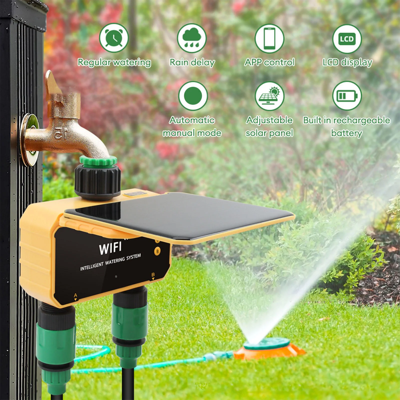 ソーラーWiFiスマート灌漑タイマー雨感知機能APP制御2口 - Smart Garden Watering のレビューと価格
